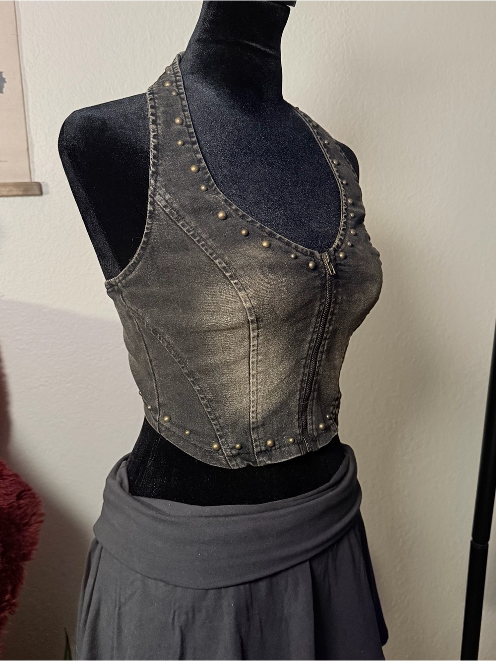 New Windsor Studded Washed Black Denim Halter Tank Top